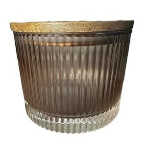 Ribbed Glass Canister Jar 4.5”x 5.5” w/ Wooden Lid Candle Food Storage
